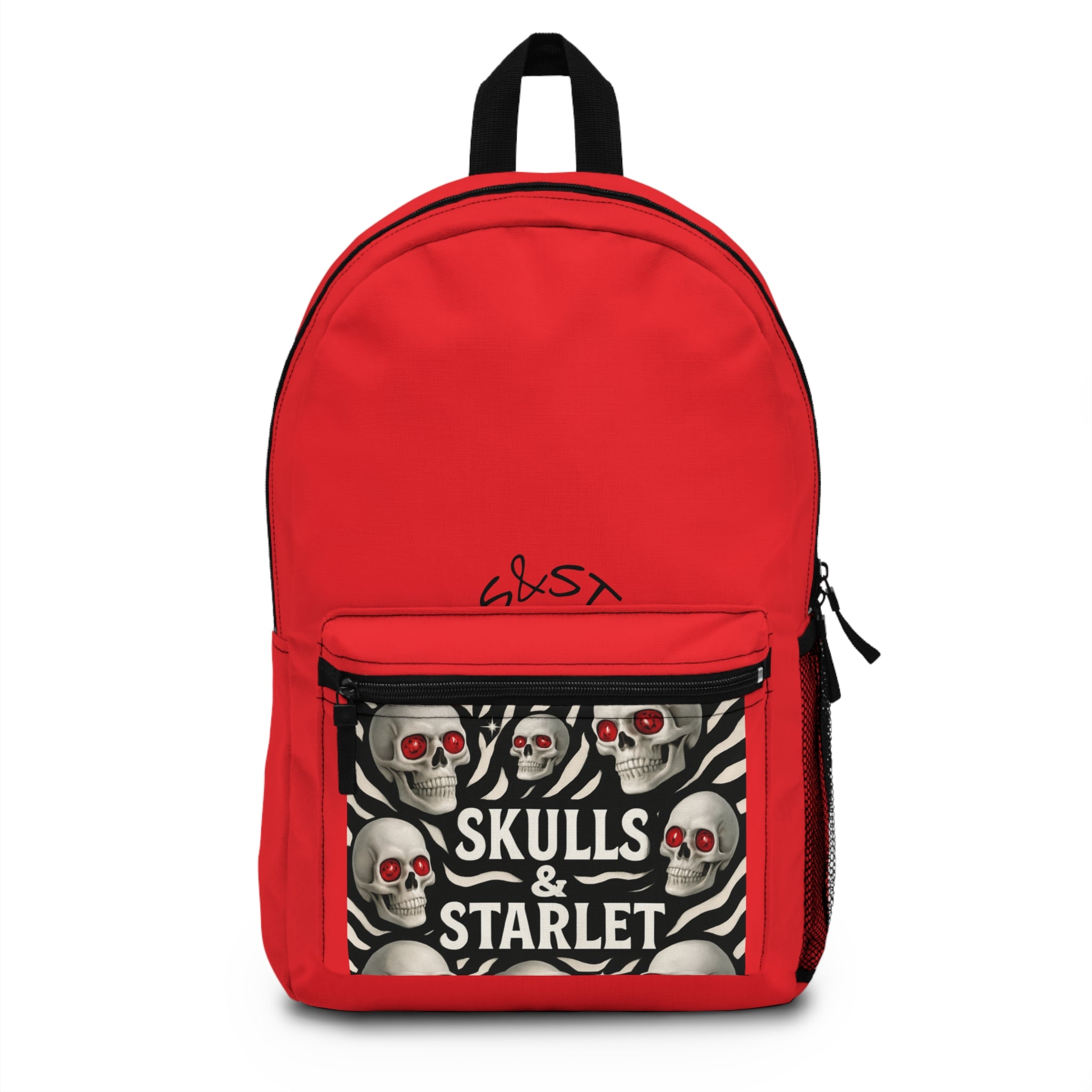 Bold Skull Print Backpack for Teens, Ideal for School, Travel, Gifts, Halloween, Unique Red Backpack with Skulls & Starlet