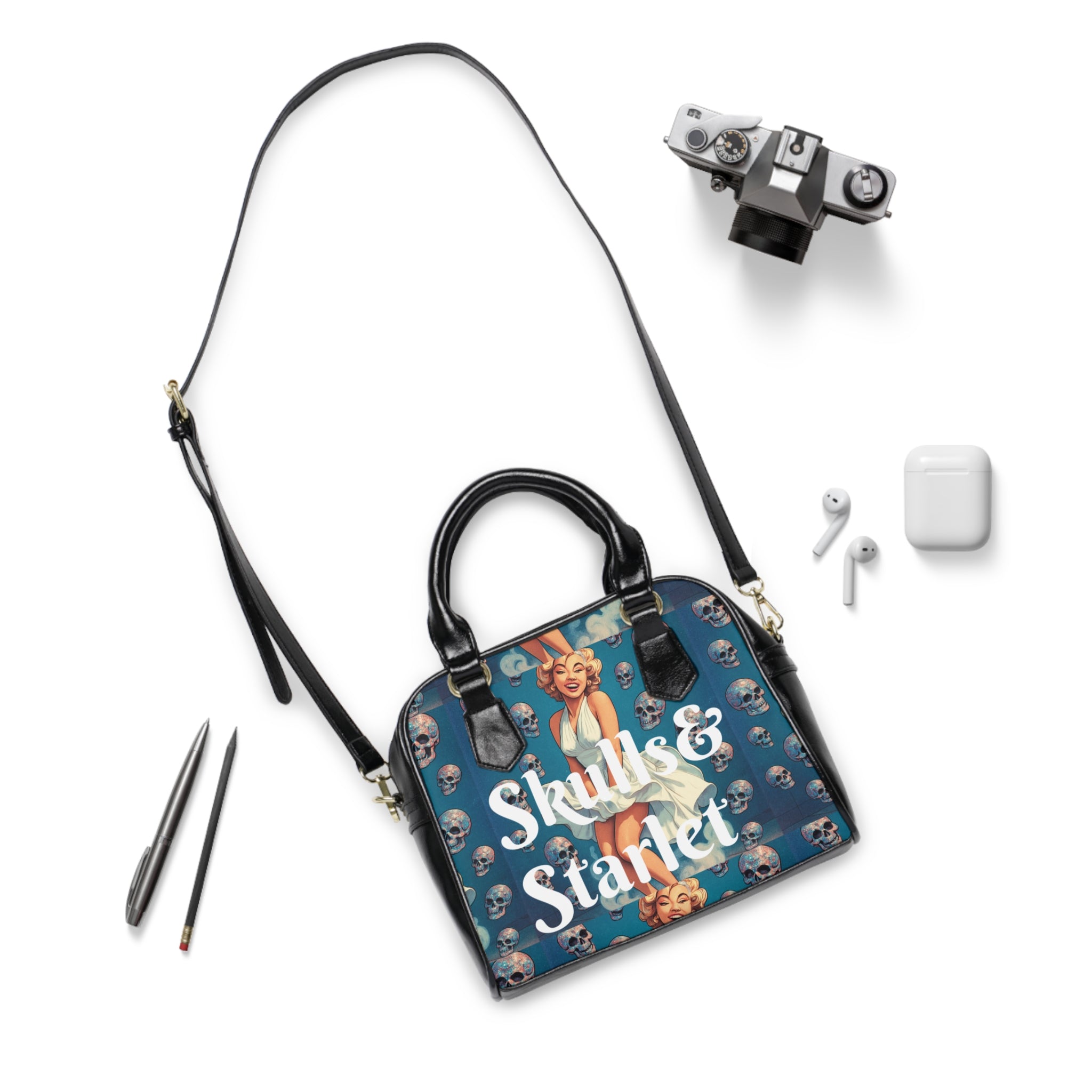 Chic Shoulder Handbag with Skulls & Starlet Design, Trendy Tote, Fashionable Purse, Unique Gift for Her, Everyday Use, Edgy Style