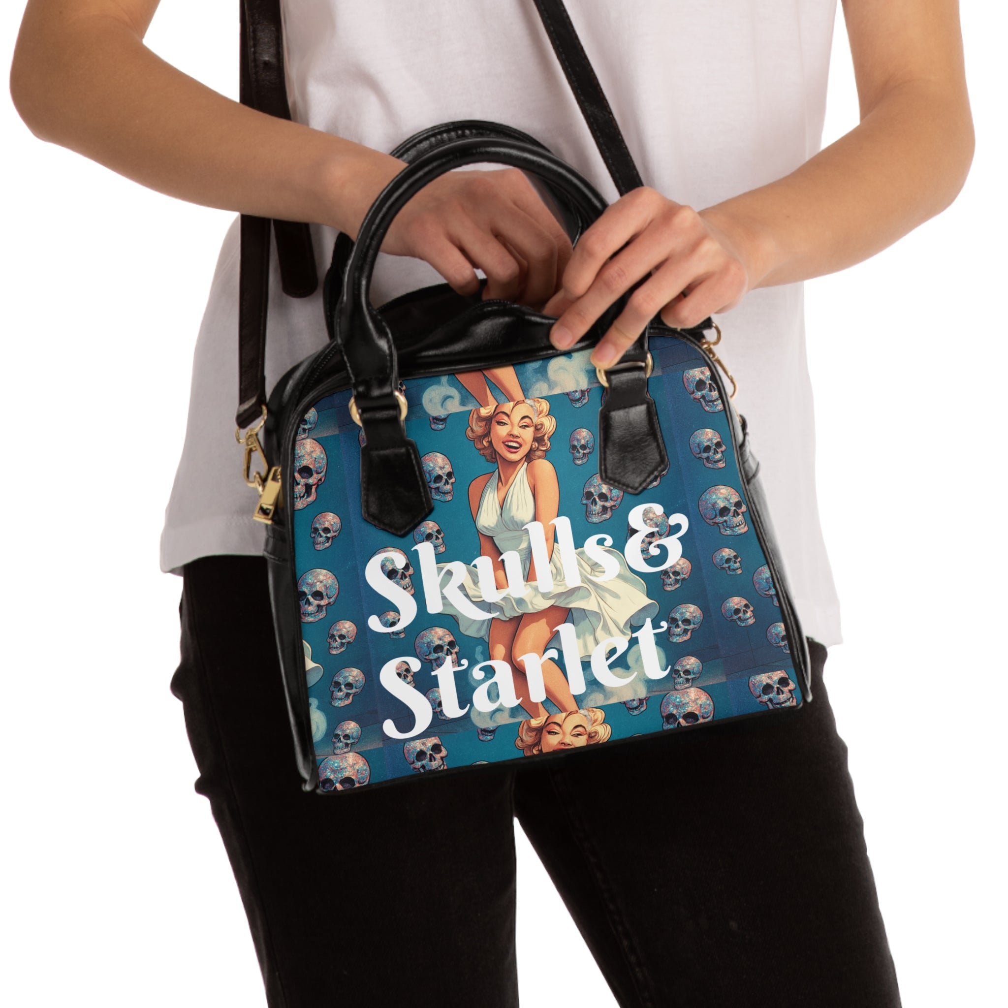 Chic Shoulder Handbag with Skulls & Starlet Design, Trendy Tote, Fashionable Purse, Unique Gift for Her, Everyday Use, Edgy Style